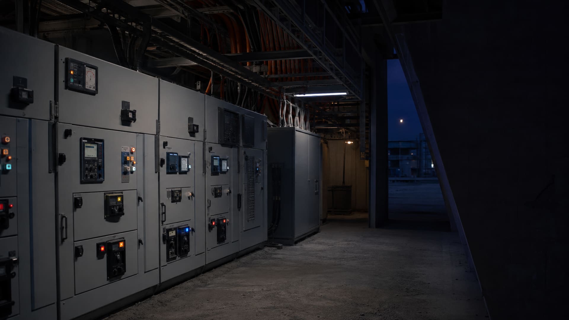 Rows of switchgear panels with meters and cable trays inside the plant electrical room