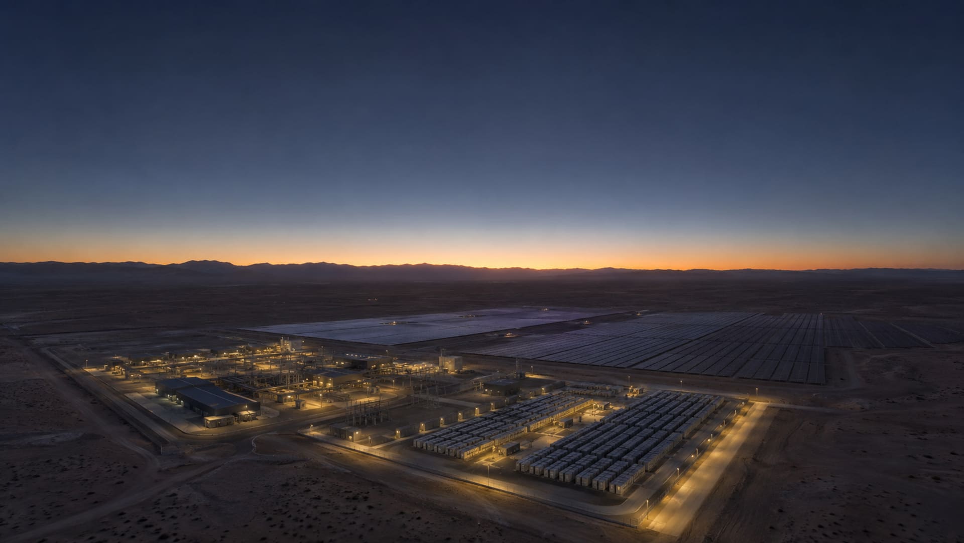 The facility at first light, solar field and battery yard under a pale dawn sky